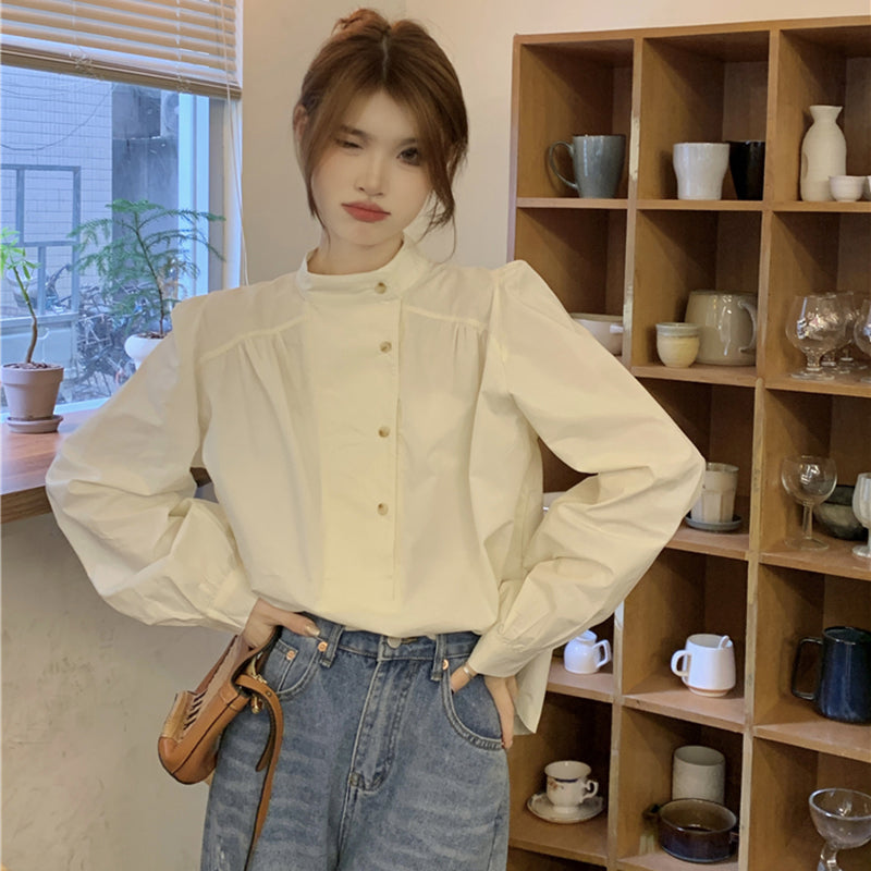 [YIHAO Series]★Shirt★ Tops Long Sleeve Shirt Women's Simple Stand Neck Retro Easy to Match