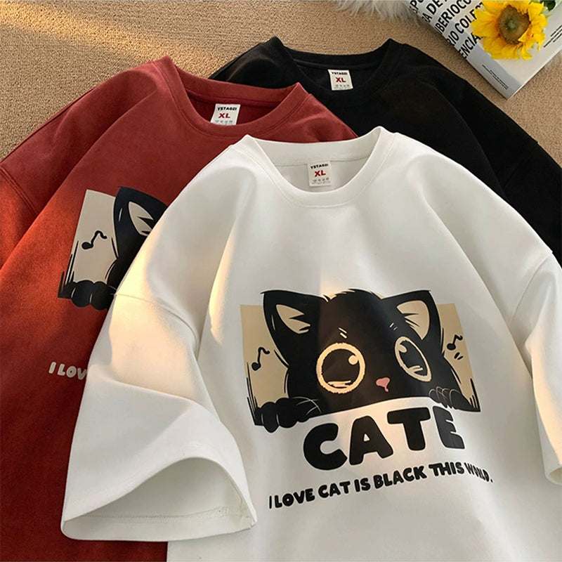 [PPG Series]★T-shirt★ 5color Tops Short Sleeve Unisex Men's Large Size Suede Cat Cat Cat Pattern