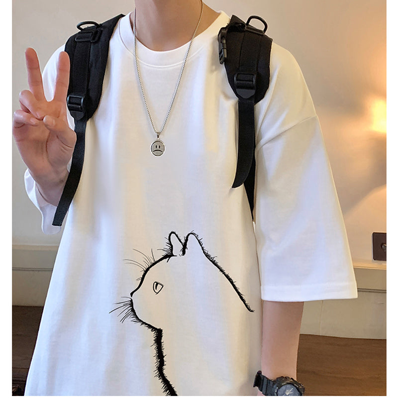 [TBP Series]★T-shirt★ 4color Tops Short Sleeve Unisex Men's Large Size Cotton Cat Cat Cat