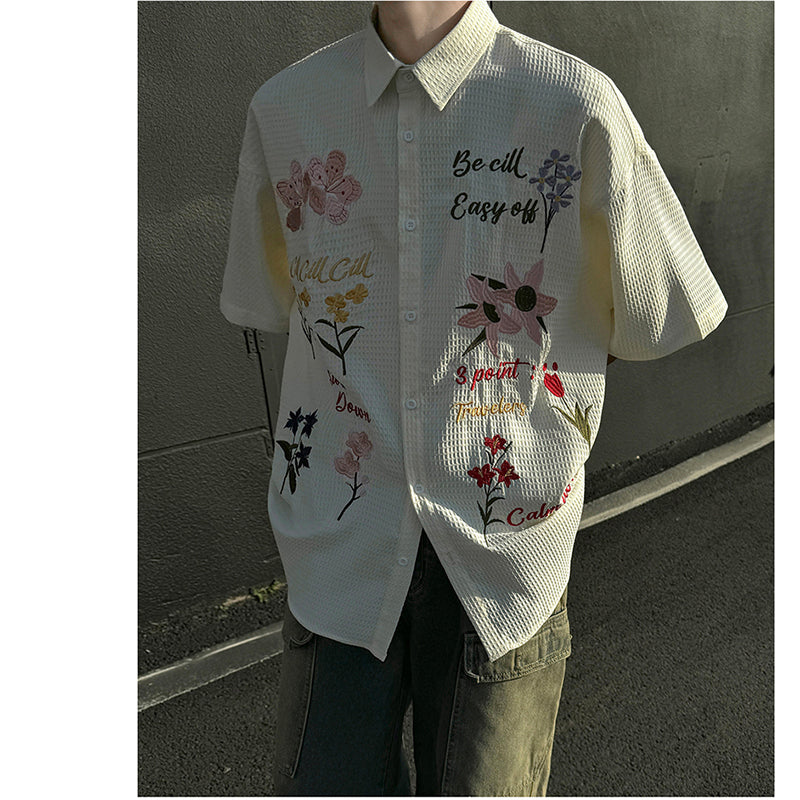 [NANSHI Series]★Shirt★ 2color Tops Embroidery Floral Pattern Short Sleeve Unisex Men's Casual Retro