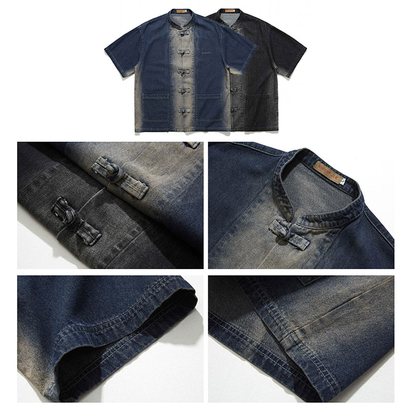 [JIWU series] ★Chinese style tops★ 2 colors Shirt Outerwear Short sleeve Denim Unisex Men's Casual Black Blue