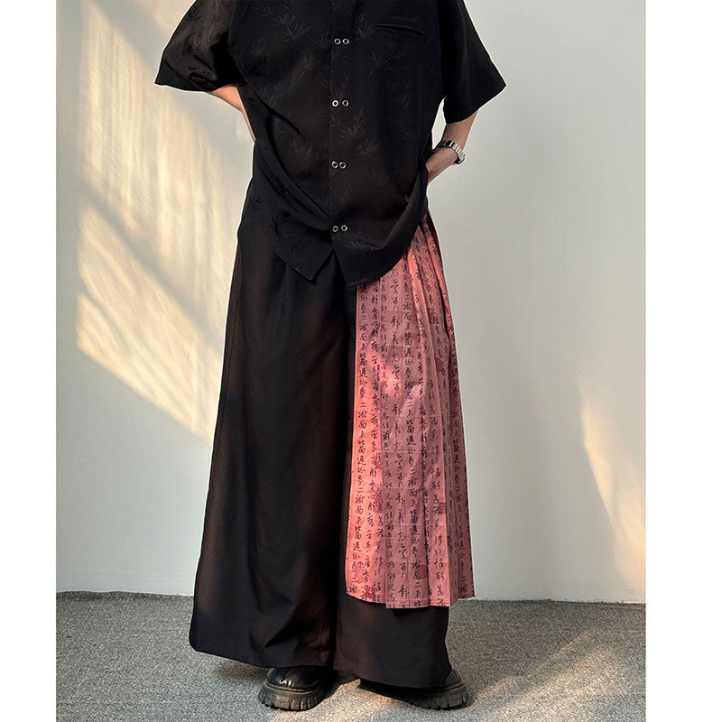 [Sameuoo Series] ★Chinese-style pants★ Bottoms, switching, kanji pattern, letter pattern, black, casual, easy to match