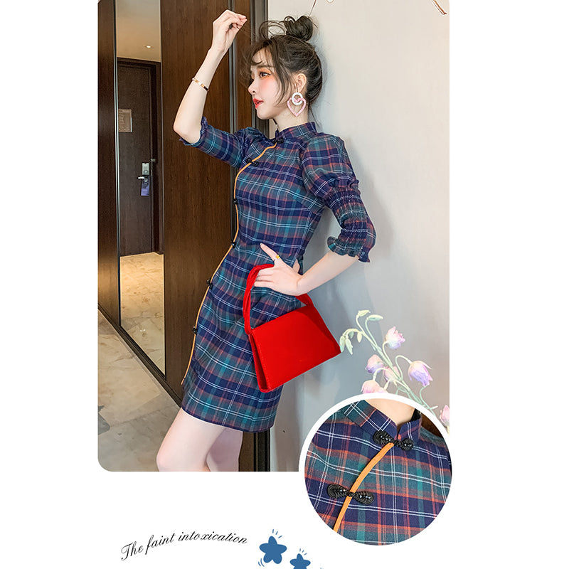 [WEISILU Series]★Cheongsam dress★ Chinese-style dress, plaid pattern, short length, date, wedding, blue-green