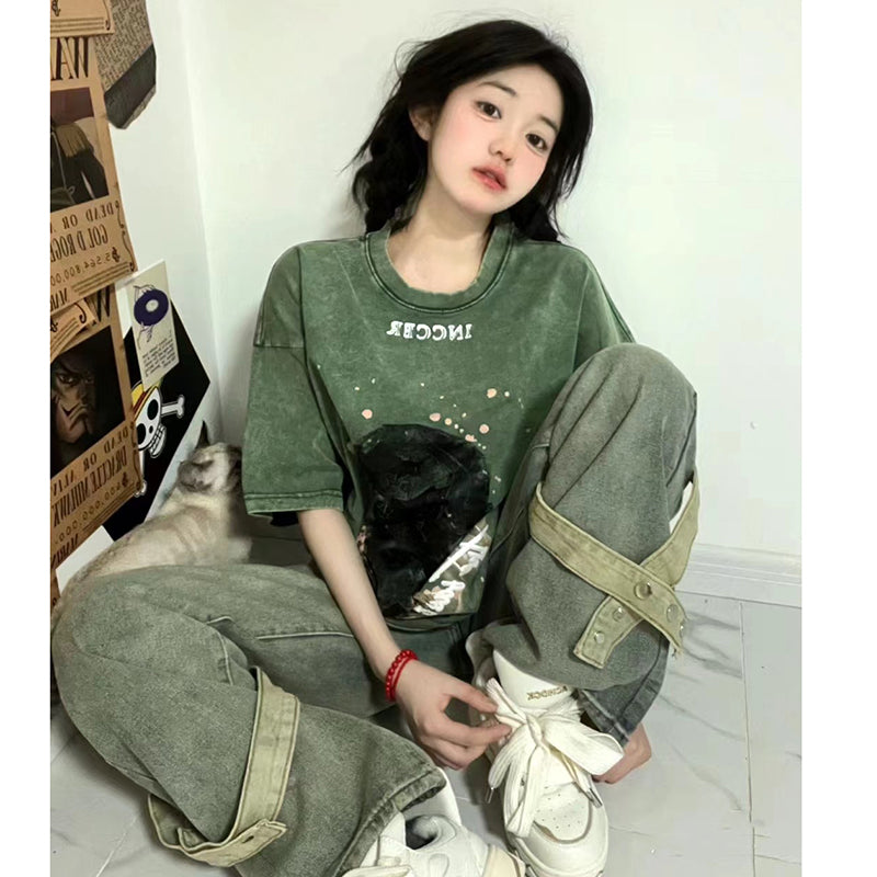 【FEIYUANSHENシリーズ】★Tシャツ★ 4color トップス 半袖 男女兼用 メンズ レトロ ブラック グリーン パープル ピンク