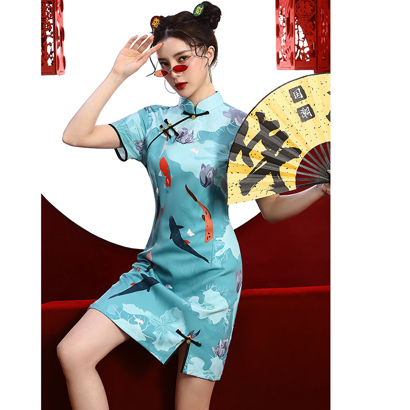 [MOMO Series]★Cheongsam dress★ Chinese style dress, short sleeves, short length, retro blue, blue