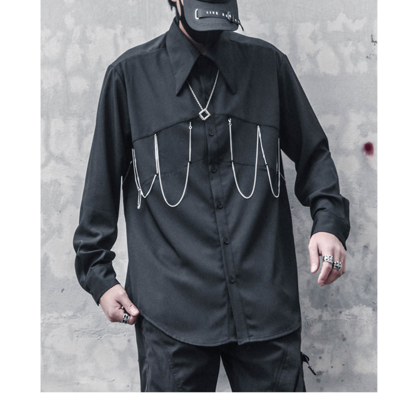 [WL Series]★Shirt★ Tops Long Sleeve Shirt Chain Unisex Men's Black Harajuku Style