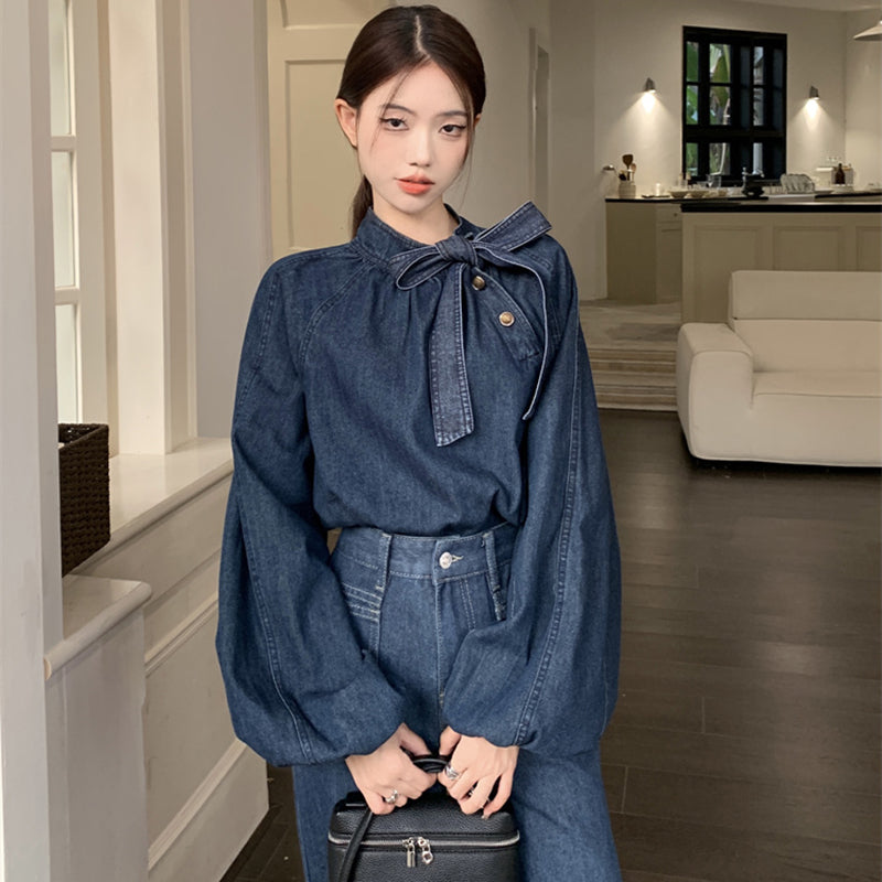 [YIHAO Series]★Shirt★ Tops Long Sleeve Shirt Women's Ribbon Denim Jeans Blue Blue