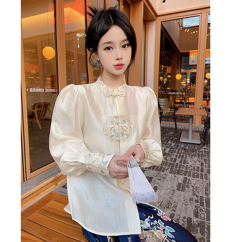 [MEIYI Series] ★China style tops★ Shirt, embroidery, long sleeve shirt, improves temperament, ladies, easy to match