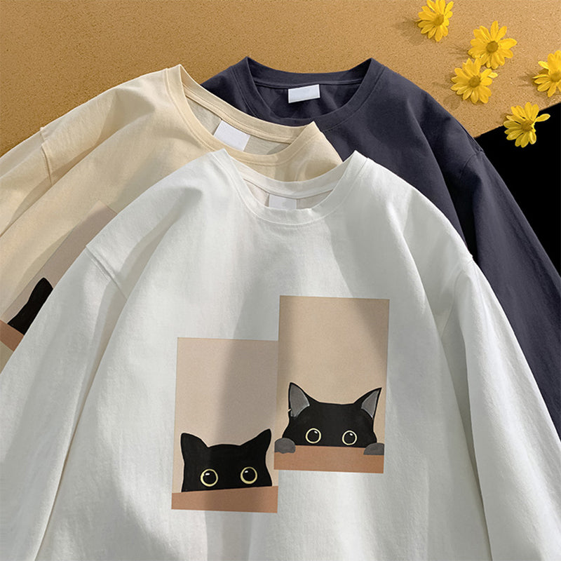 【SENSUシリーズ】★Tシャツ★ 5color 長袖Tシャツ 男女兼用 メンズ 大きいサイズ 猫 ねこ プリント コットン