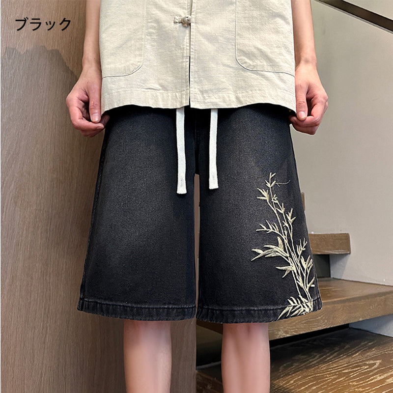 [SENSU Series] ★Chinese-style pants★ 3 colors, embroidered shorts, short pants, bottoms, unisex, men's, large size, denim