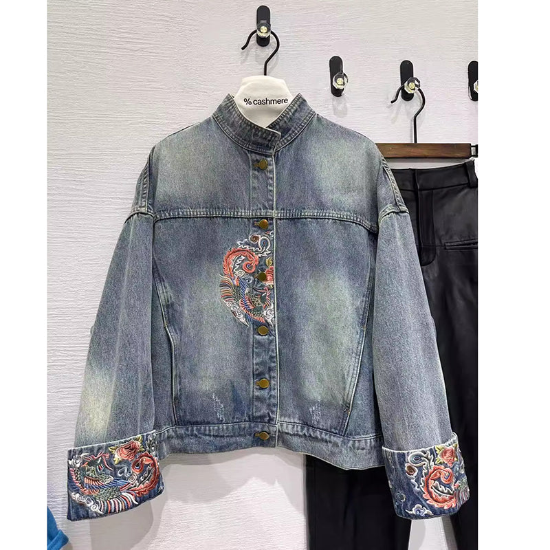 [AILAIQIAN Series]★China style outerwear★ Jacket Denim jacket Embroidery Jeans Blue Blue