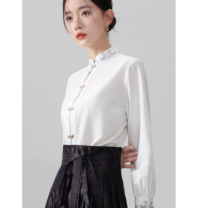 [AIIF Series]★Chinese Style Tops★ 2color Long Sleeve Shirt Chinese Clothes Easy to Match Shirt Black White