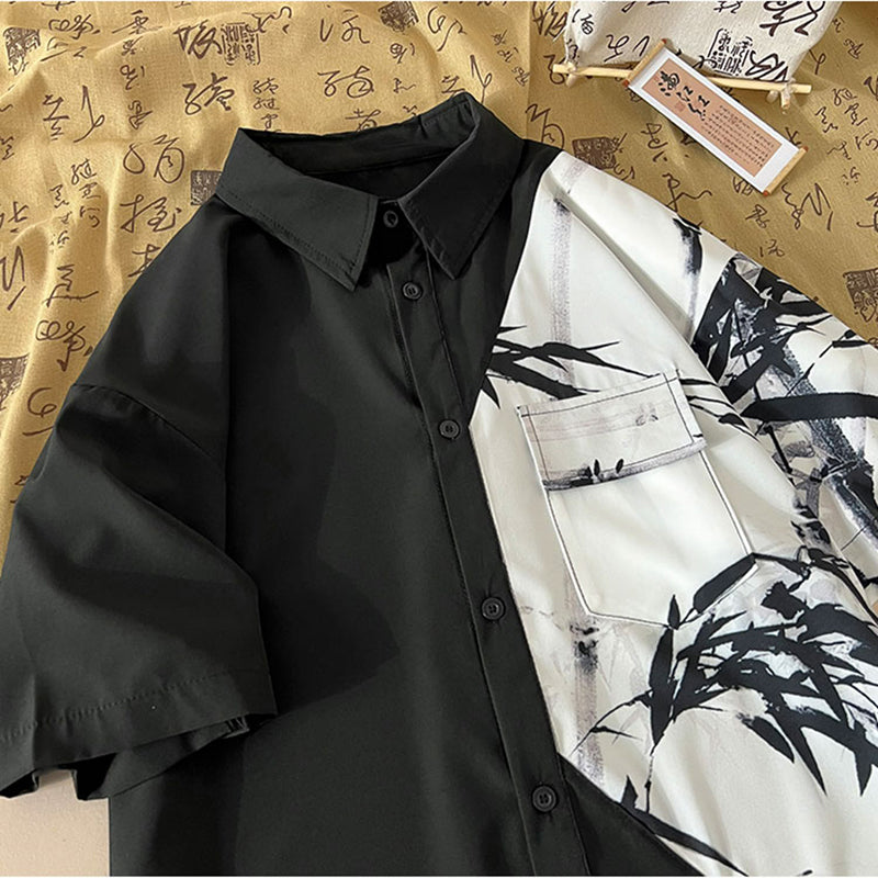 [BIGEMAN Series] ★China style tops★ 2color shirt, bamboo pattern, bamboo, short sleeves, unisex, men's, large size, black white