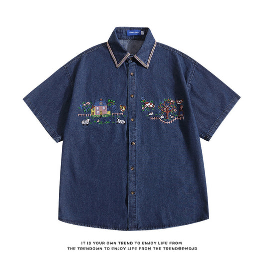 [FANMAN Series] ★Shirt★ Denim shirt, top, short sleeve, embroidery, unisex, men's, women's, blue