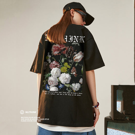 [Nuthink Series] ★Tops★ 3color T-shirt, short sleeve, oil painting style, unisex, men's, large size, casual