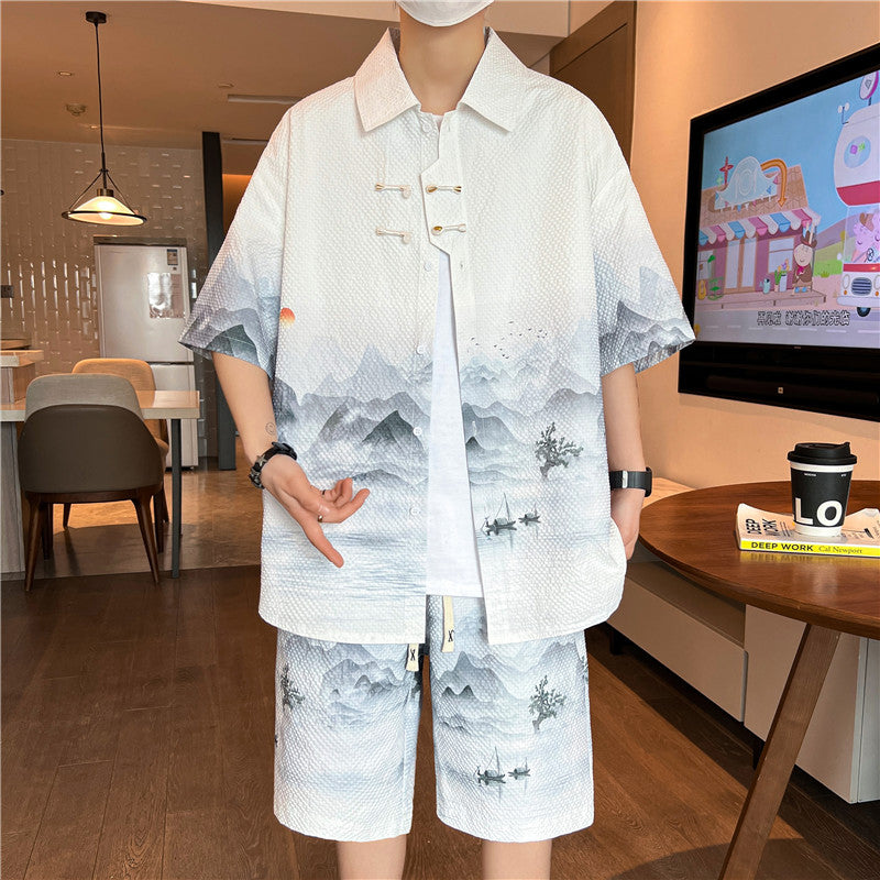 [WUSHE Series] ★Chinese style set up★ 3 colors Shirt + shorts Unisex Men's Large size Cool