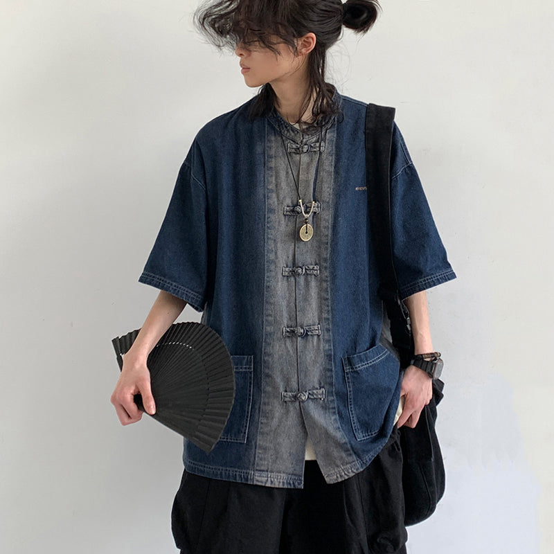 [JIWU series] ★Chinese style tops★ 2 colors Shirt Outerwear Short sleeve Denim Unisex Men's Casual Black Blue