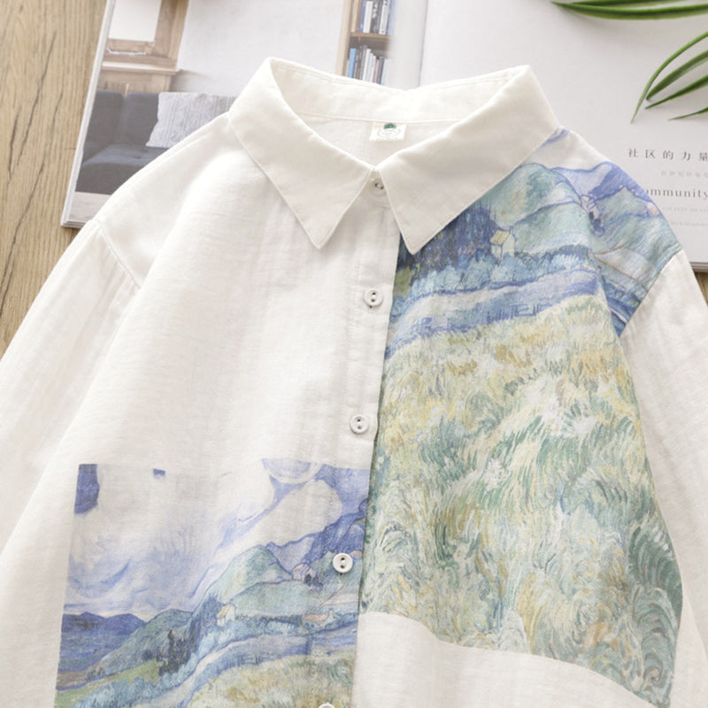 [XIUZHI Series] ★Long-sleeved shirt★ Tops for women, oil painting style, cotton, white, blue, improves your temperament