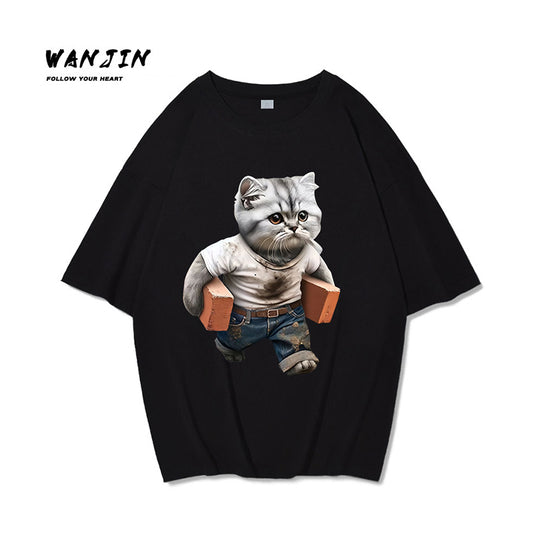 【XIAOLINGDANGシリーズ】★Tシャツ★ 2color トップス コットン 半袖 猫 ねこ ネコ 男女兼用 メンズ ブラック ホワイト