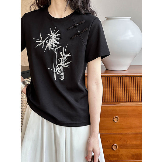 [Tachibana Series] ★China Style T-shirt★ 2color Tops Bamboo Embroidery Women's Chinese Clothing Improves Temperament Cotton