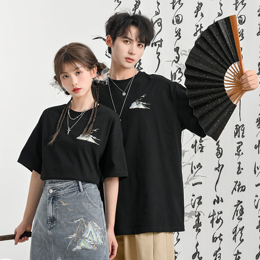 【森女部落---千裏江山シリーズ】★チャイナ風トップス★ Tシャツ ショート丈orロング丈 個性的 夏服 蝶々 ショート丈 コットン 男女兼用 メンズ