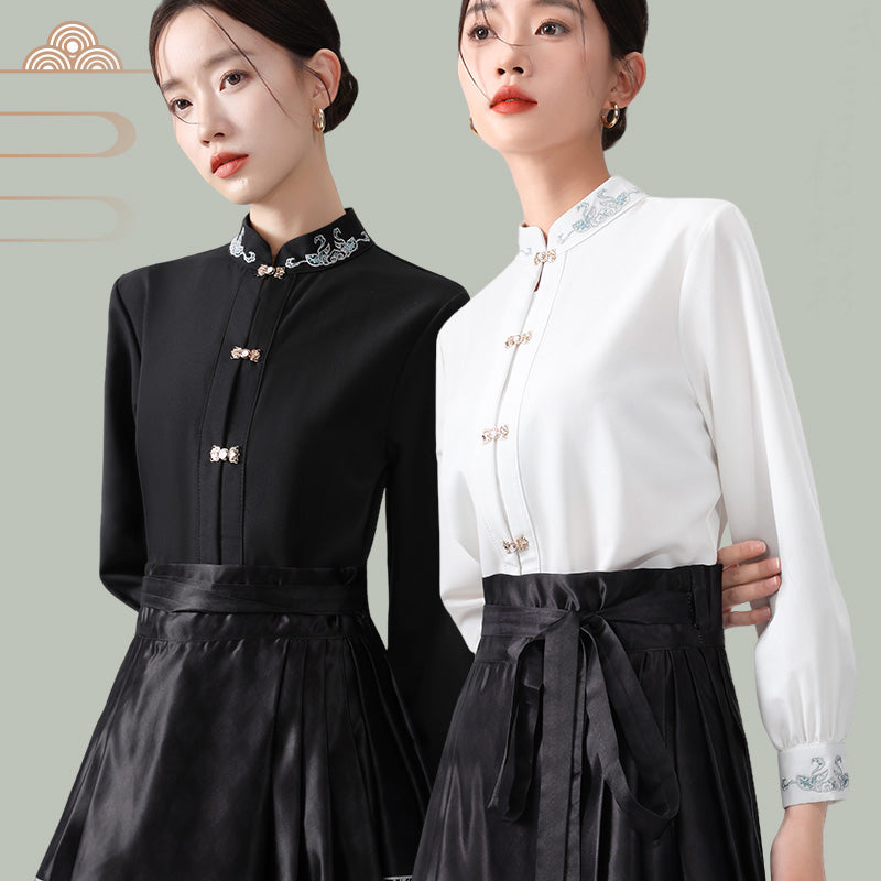 [AIIF Series]★Chinese Style Tops★ 2color Long Sleeve Shirt Chinese Clothes Easy to Match Shirt Black White