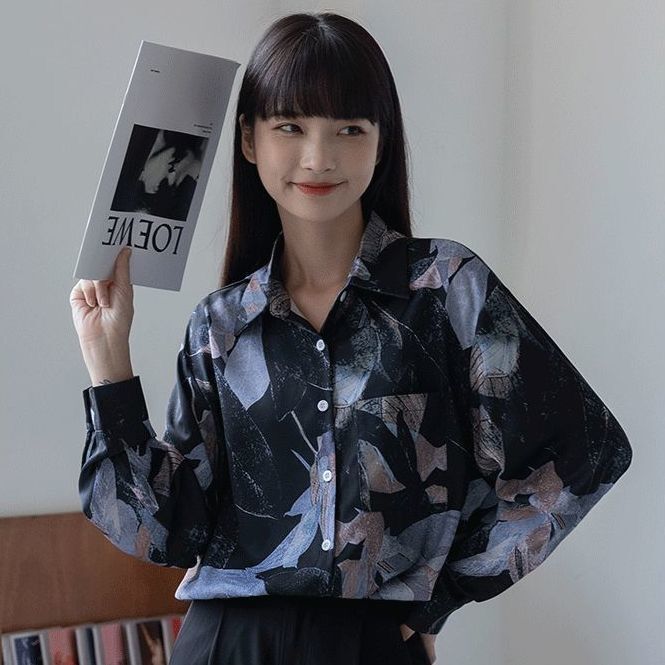 [YOUZI Series] ★Shirt★ Tops Long Sleeve Shirt Floral Shirt Women's Chiffon Print Retro