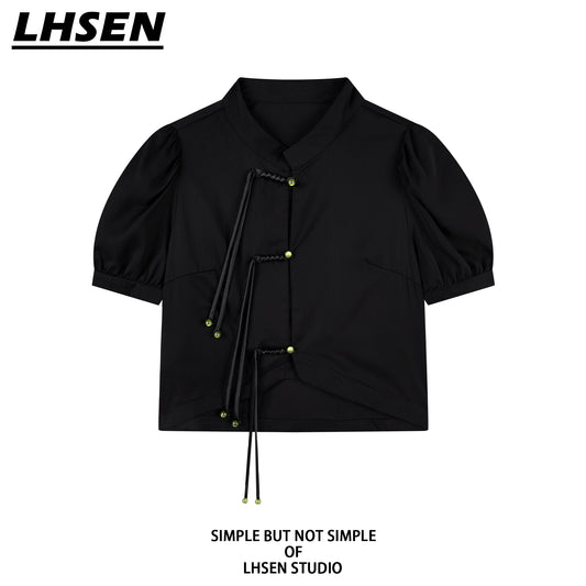 [LHSEN Series] ★Chinese-style top★ Shirt, short sleeves, women's, unique, Chinese buttons, black