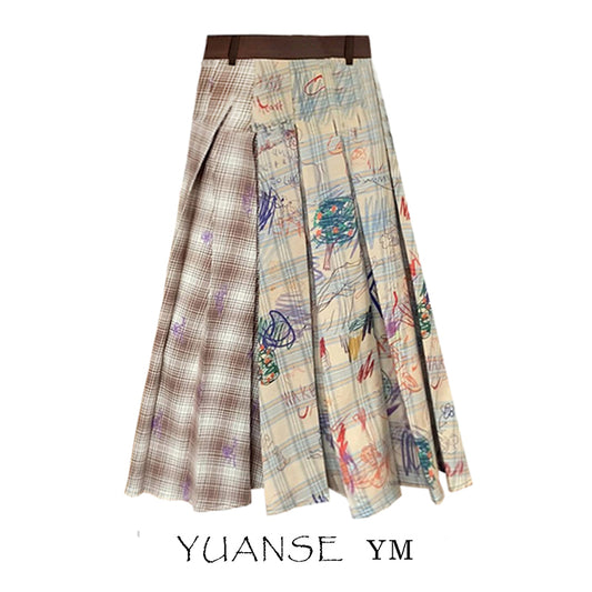 [YUANSE Series] ★Skirt★ Bottoms Plaid Skirt Graffiti Ladies Literary Style