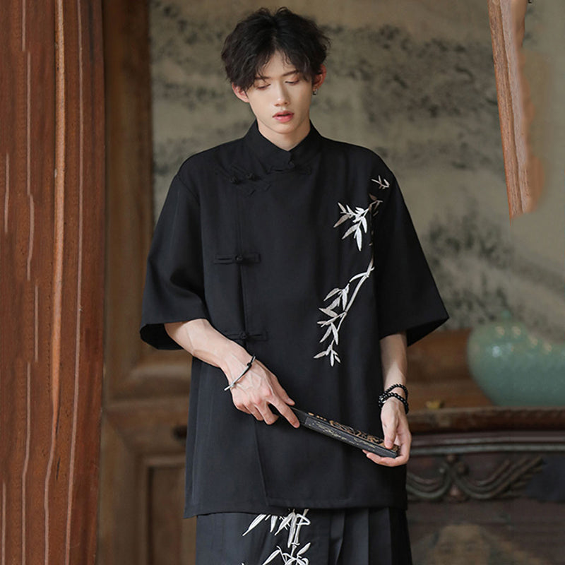 [BIGEMAN Series] ★China style tops★ 2color shirt, bamboo pattern, bamboo, short sleeves, unisex, men's, large size, black white