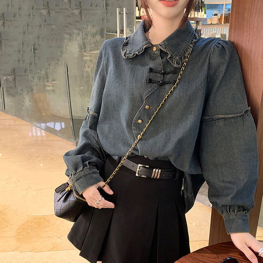 [KEKELI Series]★China Style Shirt★ Tops Long Sleeve Shirt Denim Shirt Women's China Button Blue Blue