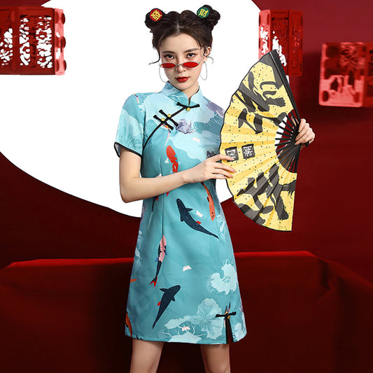 [MOMO Series]★Cheongsam dress★ Chinese style dress, short sleeves, short length, retro blue, blue