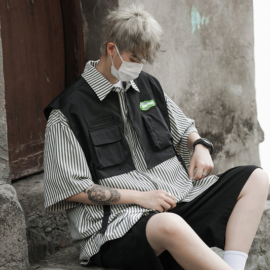 [BIGEMAN Series] ★China style tops★ 2color shirt, bamboo pattern, bamboo, short sleeves, unisex, men's, large size, black white