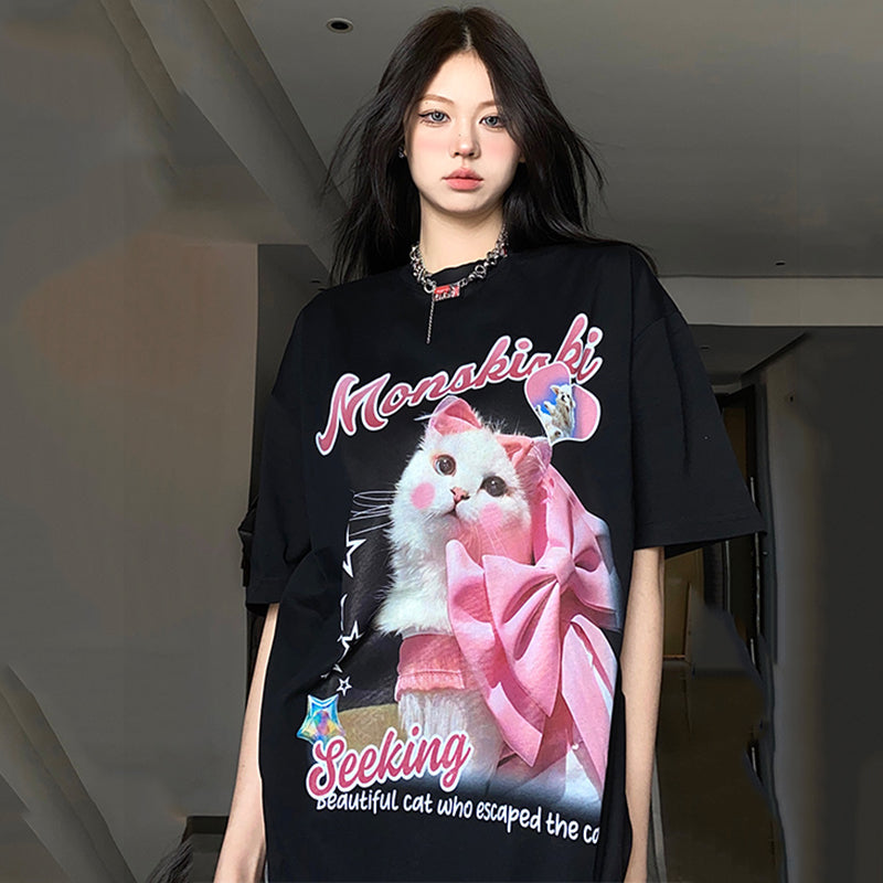 【HTTAOSUPシリーズ】★Tシャツ★ 3color トップス 半袖 レディース 男女兼用 メンズ コットン 猫 ねこ ネコ 猫柄