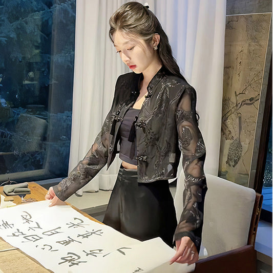 [TUANTUAN Series]★China style outerwear★ Tops Shirt Long sleeve shirt Transparent Women's Black Black