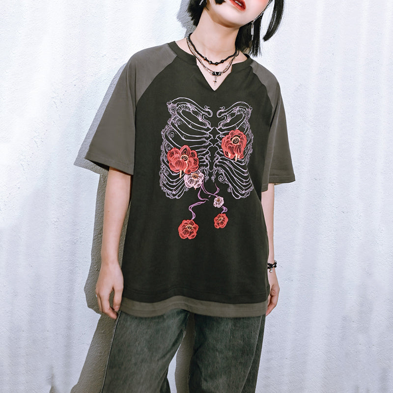 [Kokaisha---Hanabone Series] ★Chinese-style top★ Short-sleeved T-shirt, printed, unique, original, V-neck, cotton