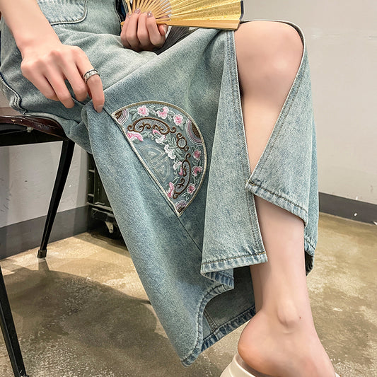 [TUANTUAN Series] ★Chinese-style skirt★ Denim skirt Bottoms Embroidery Women's Easy to match