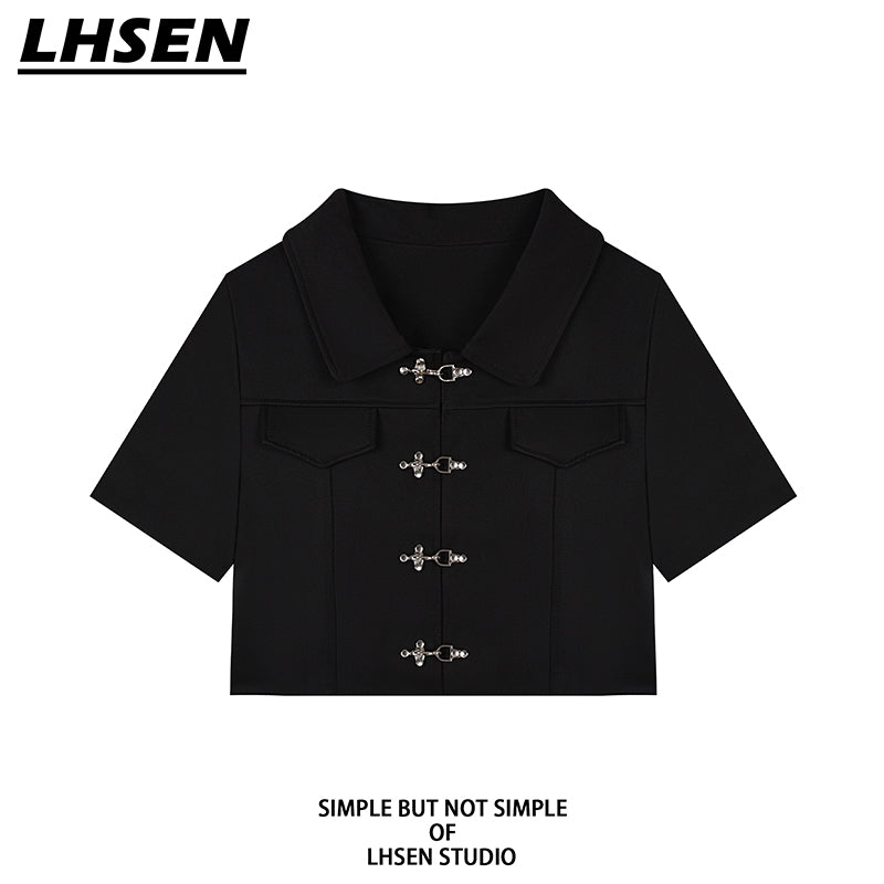 [LHSEN Series]★China style tops★ Shirt short sleeve outerwear black black retro short length