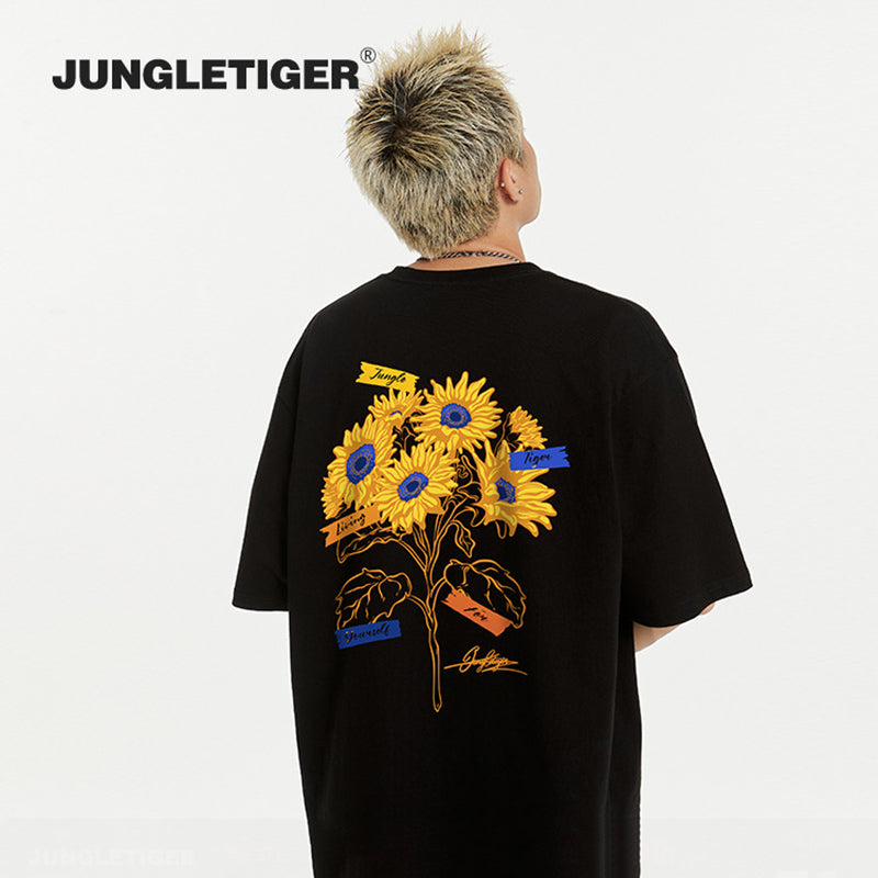 【JUNGLETIGERシリーズ】★Tシャツ★ 5color トップス 半袖 男女兼用 メンズ ひまわり 向日葵 コットン 黒 白 灰 青