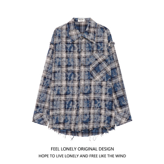 [Feel lonely series]★Shirt★ 2color long sleeve shirt tops plaid pattern unisex men's black blue