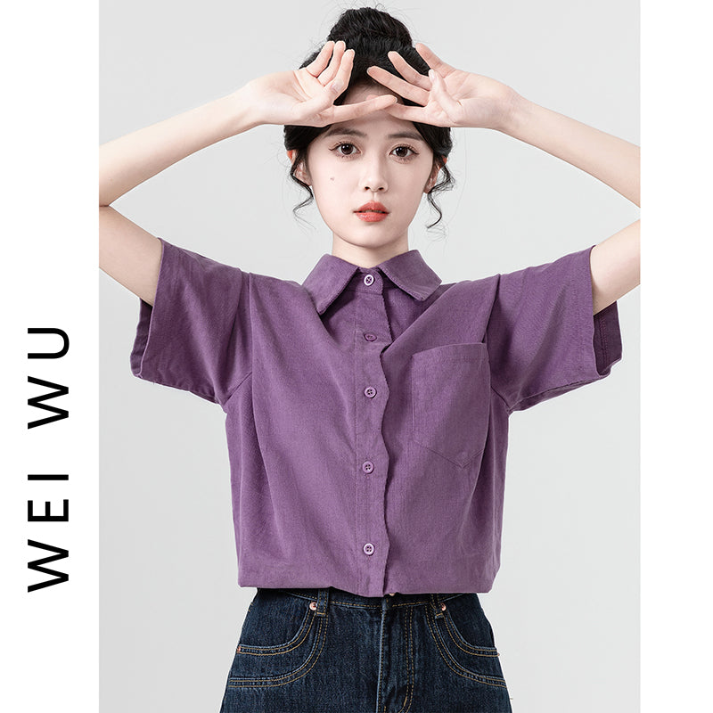 [WEIWU Series] ★Shirt★ 2 colors Short sleeve Tops for women Easy to match Improve your style Purple Beige