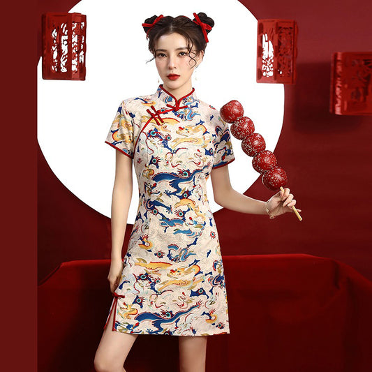 [SHISHANG Series]★Cheongsam dress★ Chinese style dress, short sleeves, short length, large size, retro