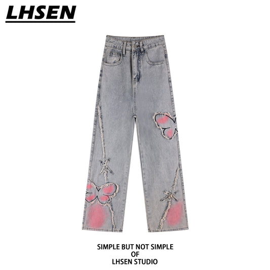 【LHSENシリーズ】★デニムパンツ★ ジーンズ ズボン ボトムス レディース 蝶々 可愛い 合わせやすい