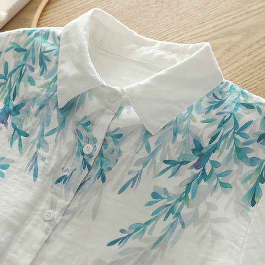 [YOUSHA Series] ★Chinese-style top★ Shirt, long sleeves, women's, oil painting style, cotton, white, blue