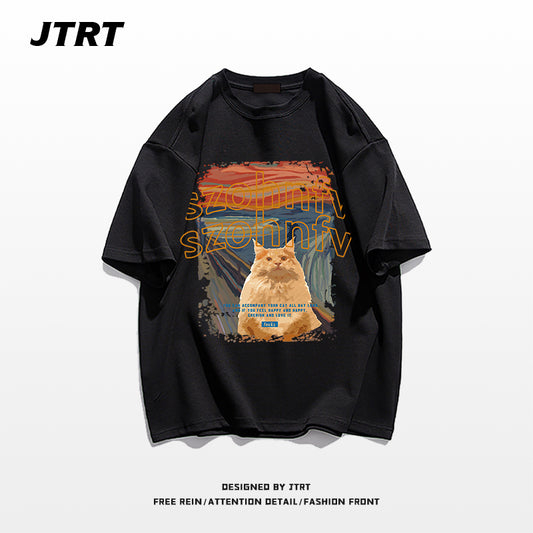 【JTRTシリーズ】★Tシャツ★ 9color トップス 半袖 男女兼用 メンズ 大きいサイズ コットン 油絵風 猫 ねこ ネコ 猫柄