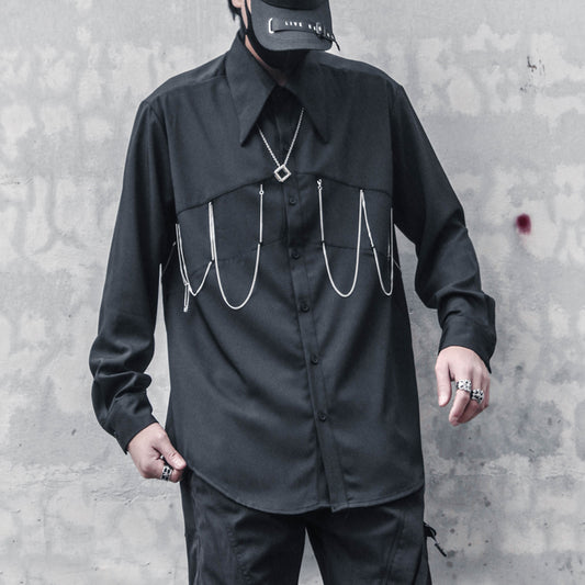 [WL Series]★Shirt★ Tops Long Sleeve Shirt Chain Unisex Men's Black Harajuku Style