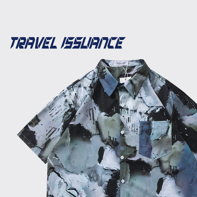 【TRAVEL ISSUANCEシリーズ】★シャツ★ 油絵風 半袖シャツ トップス 男女兼用 メンズ M L XL 2XL レディース 夏服 個性的