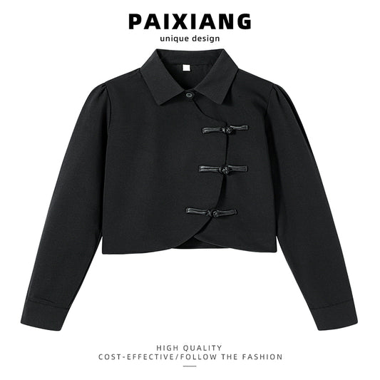 【PAIXIANGシリーズ】★チャイナ風トップス★ シャツ ブラック 黒い 中華服 レディース ショート丈