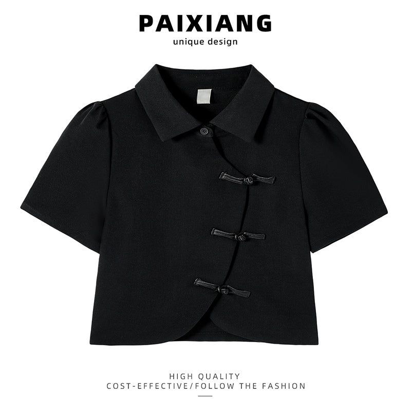 [PAIXIANG Series] ★Chinese style tops★ Shirt Black Black Chinese Clothes Short Sleeve Women's Short Length