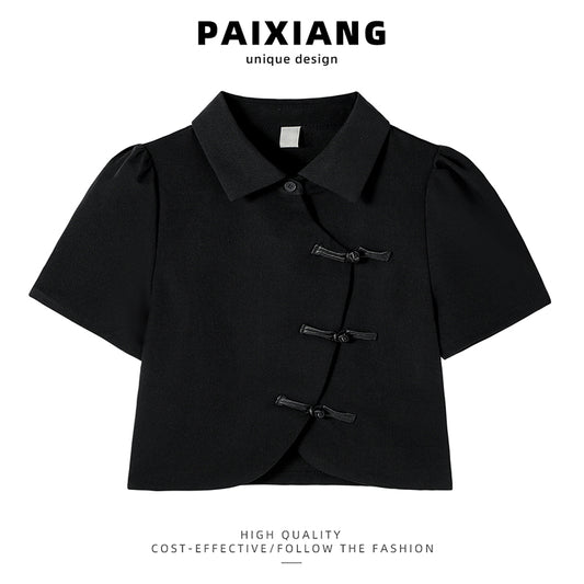 【PAIXIANGシリーズ】★チャイナ風トップス★ シャツ ブラック 黒い 中華服 半袖 レディース ショート丈